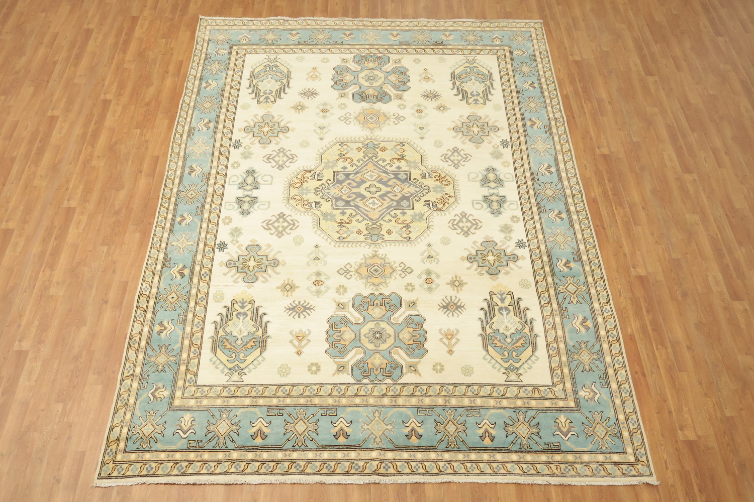 Elegant Cream and Aqua Blue Kazak Pakistani Large Rug 9x12 ft