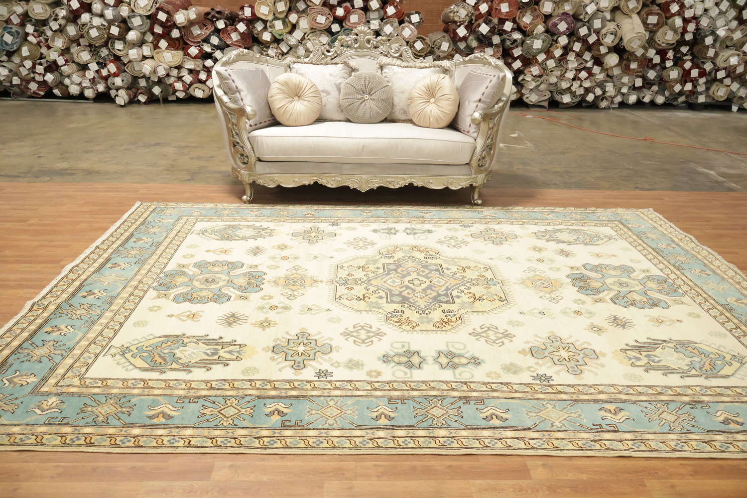 Elegant Cream and Aqua Blue Kazak Pakistani Large Rug 9x12 ft