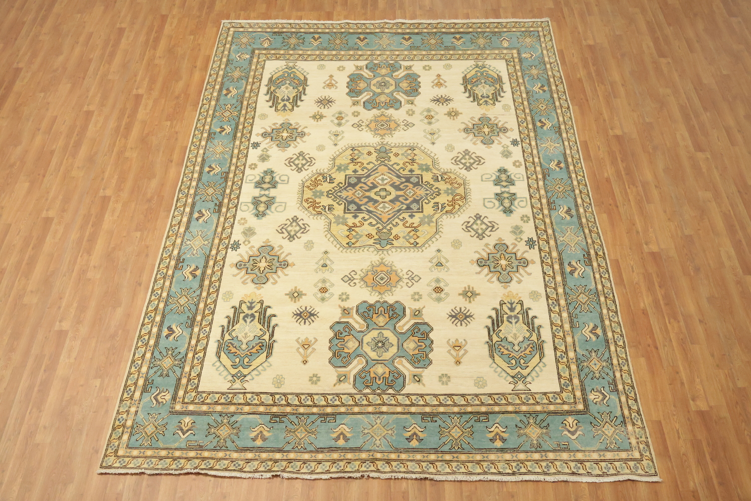 Elegant Cream and Aqua Blue Kazak Pakistani Large Rug 9x12 ft