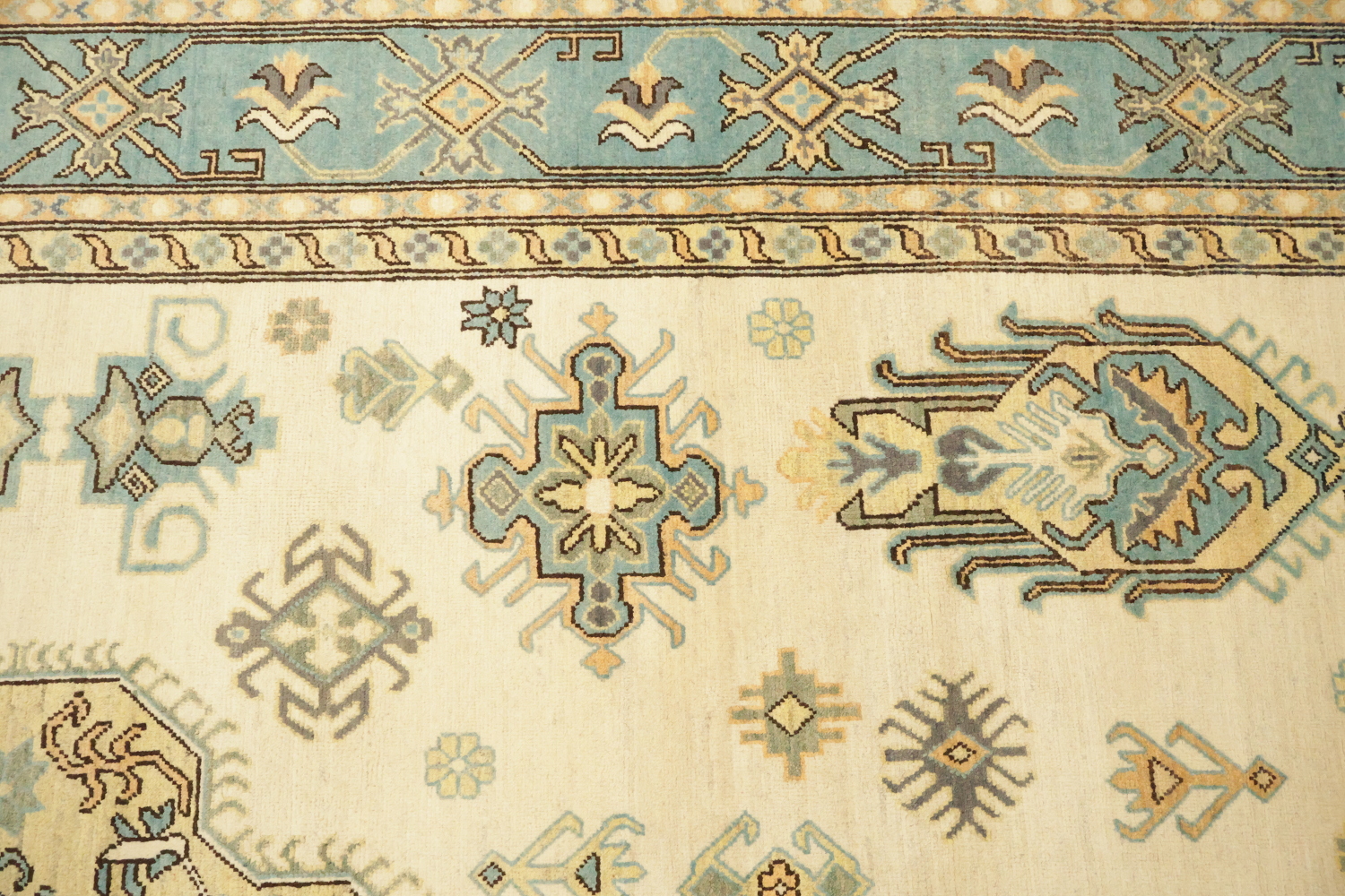 Elegant Cream and Aqua Blue Kazak Pakistani Large Rug 9x12 ft