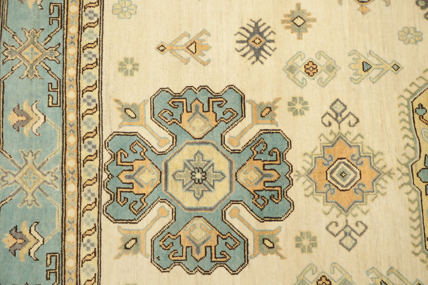 Elegant Cream and Aqua Blue Kazak Pakistani Large Rug 9x12 ft