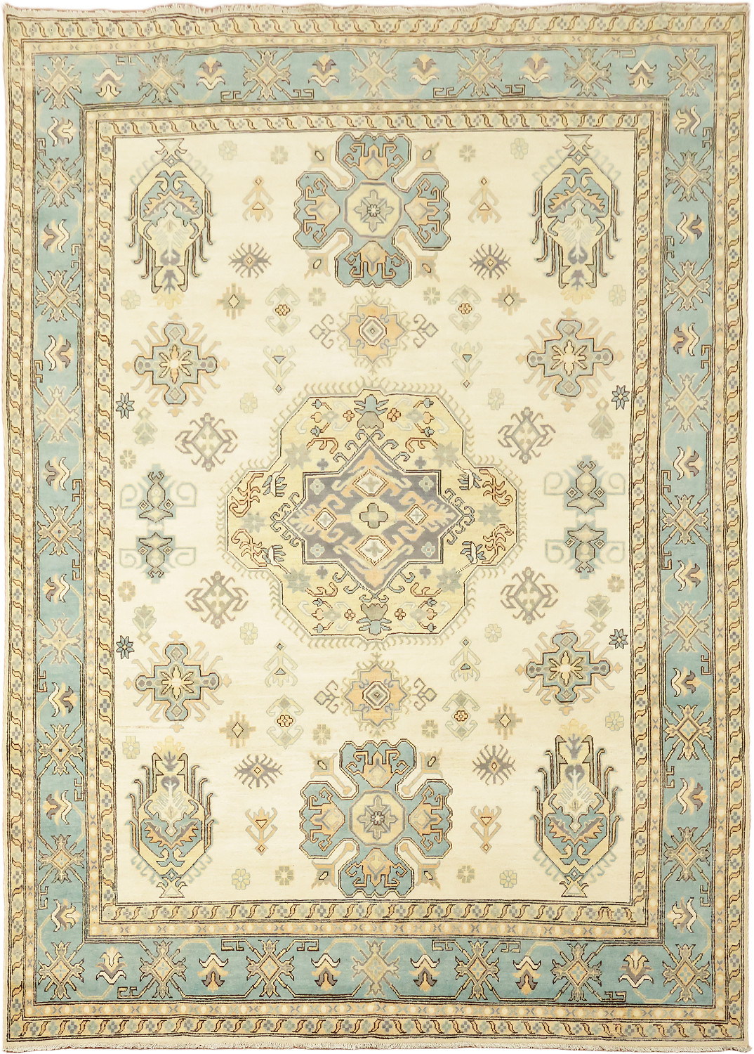 Elegant Cream and Aqua Blue Kazak Pakistani Large Rug 9x12 ft