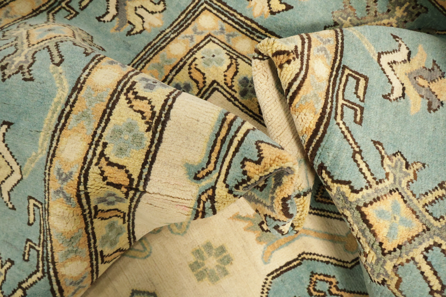 Elegant Cream and Aqua Blue Kazak Pakistani Large Rug 9x12 ft