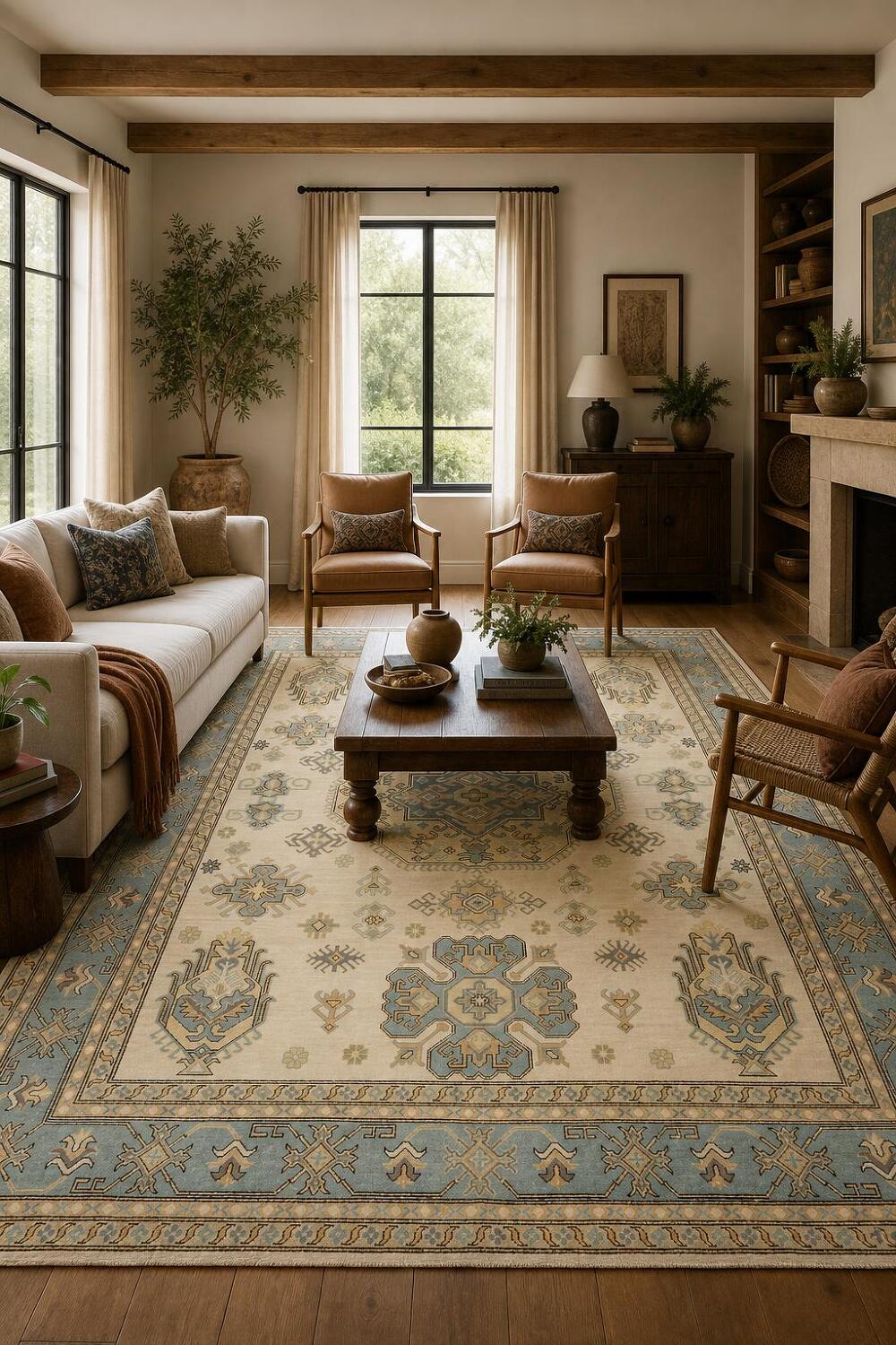 Elegant Cream and Aqua Blue Kazak Pakistani Large Rug 9x12 ft