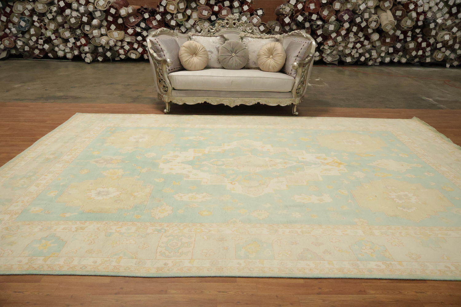 Green Geometric Wool Oushak Turkish Large Rug 10x14