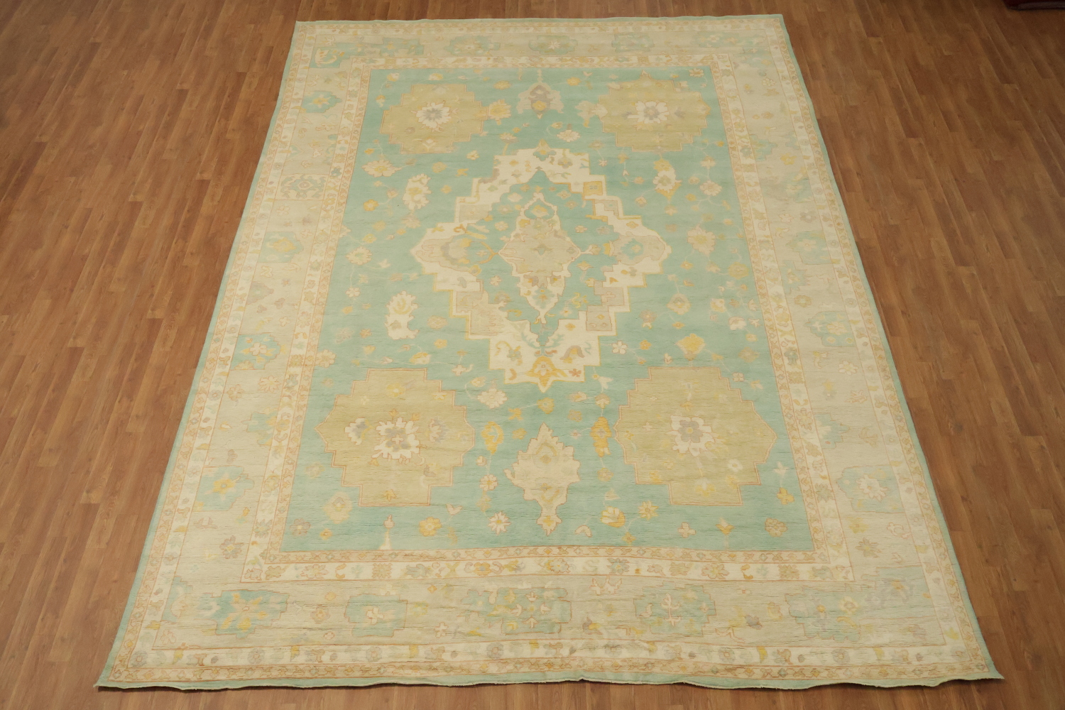 Green Geometric Wool Oushak Turkish Large Rug 10x14
