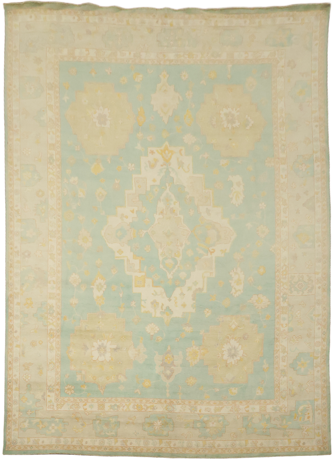 Green Geometric Wool Oushak Turkish Large Rug 10x14