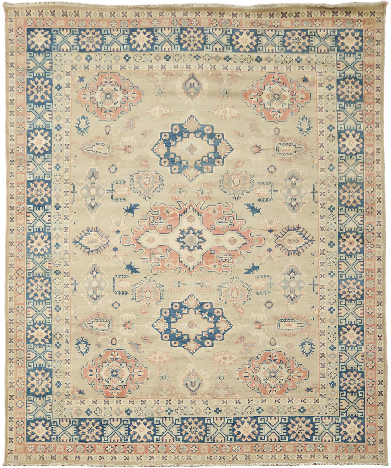 Light Green Kazak Pakistani Traditional Rug in Soft Pastel Tones 8x10