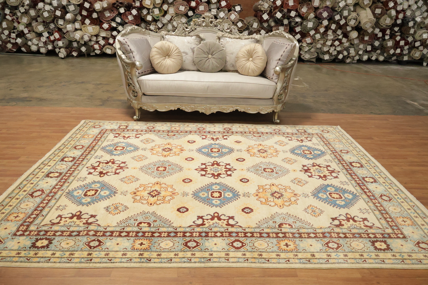 Beige and Blue Vintage Style Rug with Intricate Patterns 8'x10'