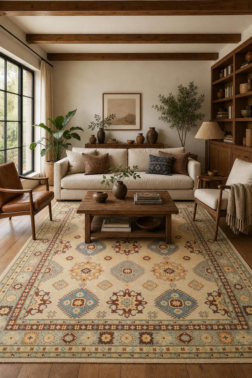Beige and Blue Vintage Style Rug with Intricate Patterns 8'x10'
