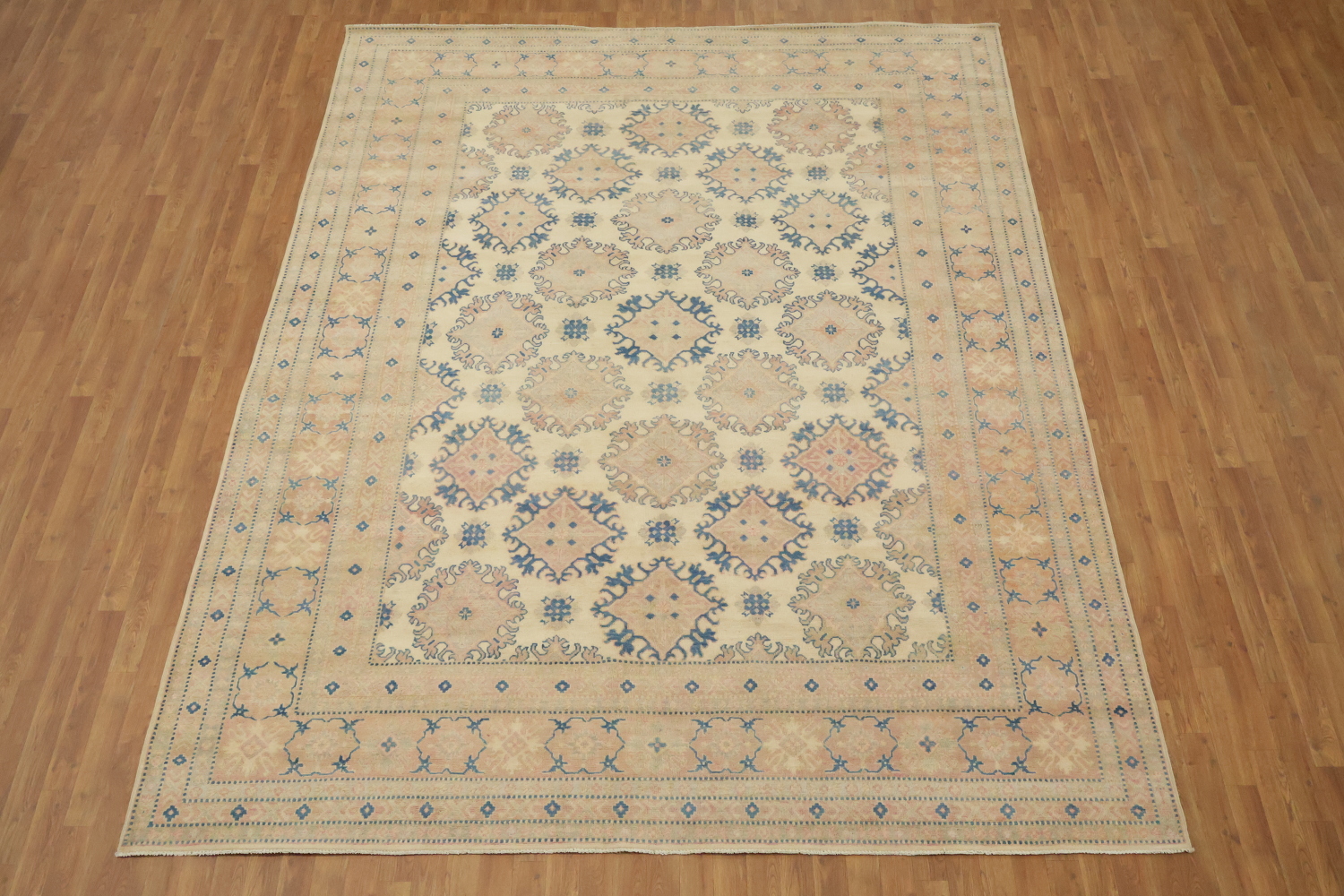 Classic Beige and Blue Kazak Rug with Intricate Geometric Patterns 9'x12'