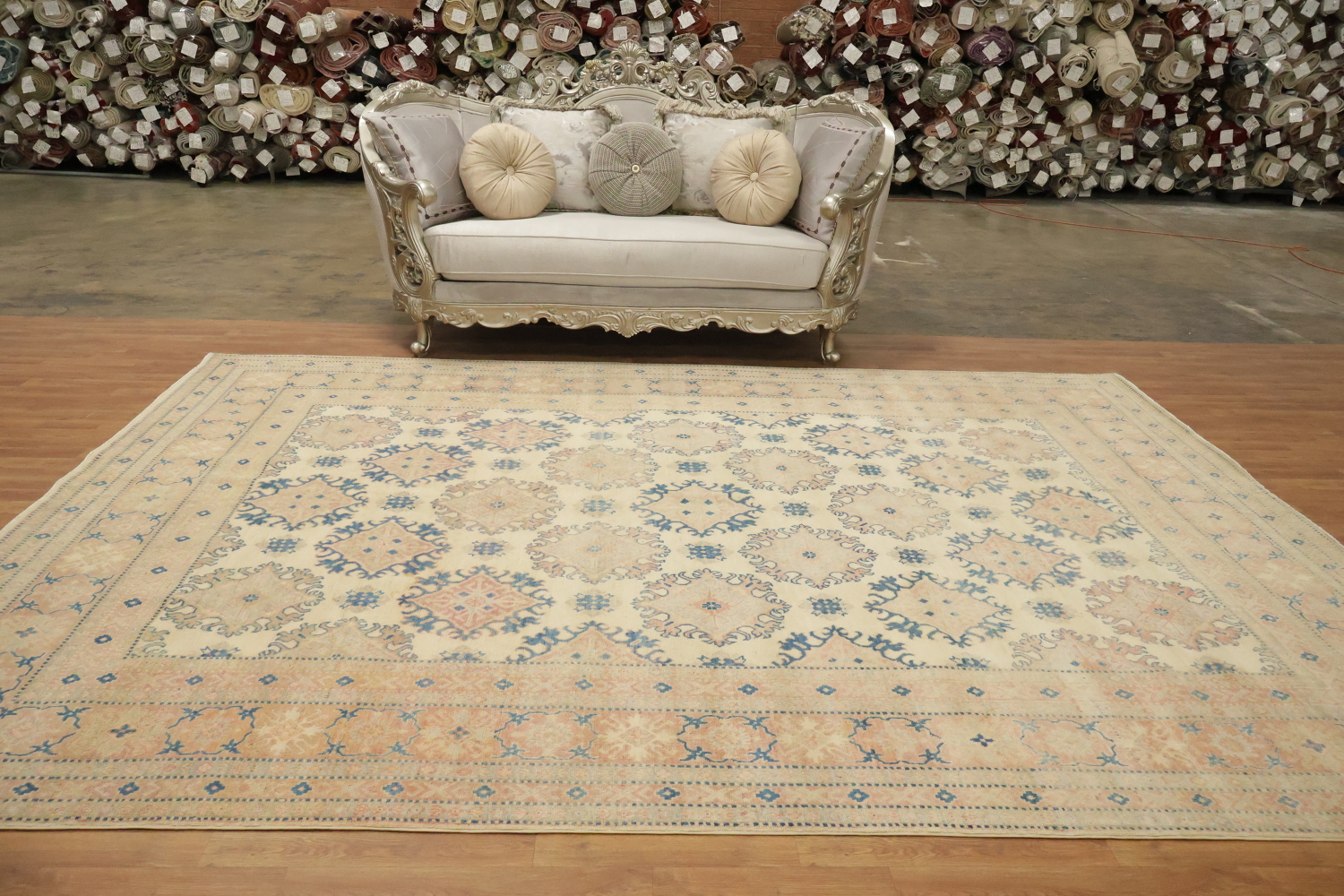 Classic Beige and Blue Kazak Rug with Intricate Geometric Patterns 9'x12'