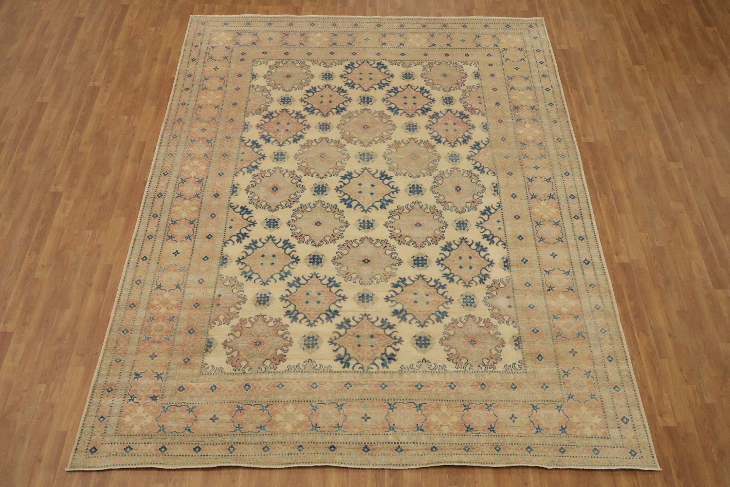 Classic Beige and Blue Kazak Rug with Intricate Geometric Patterns 9'x12'
