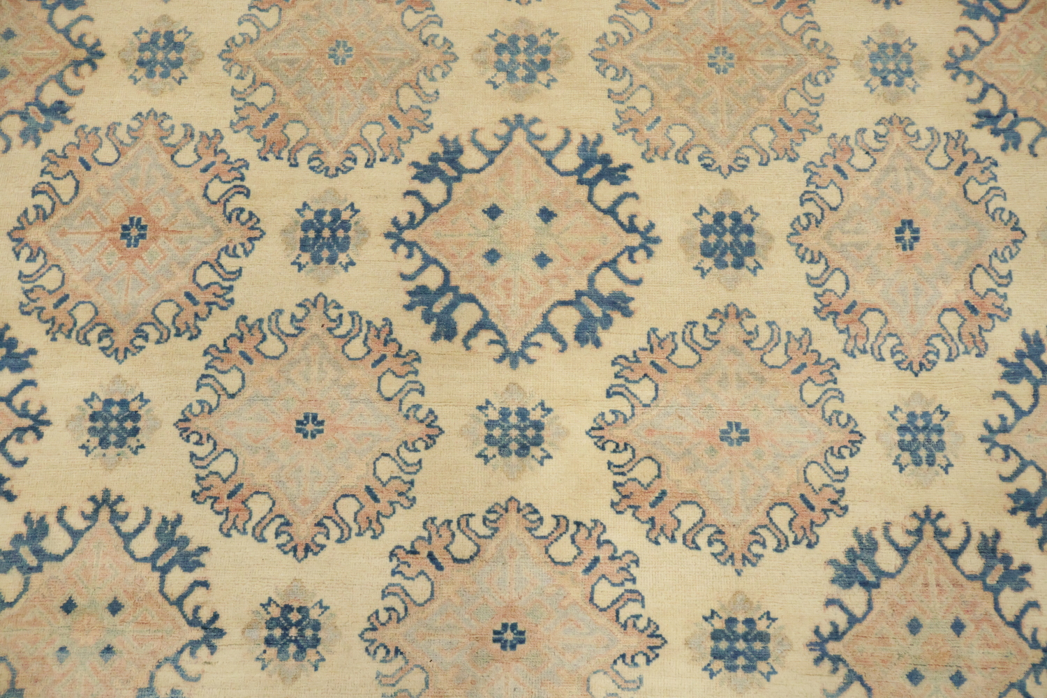 Classic Beige and Blue Kazak Rug with Intricate Geometric Patterns 9'x12'