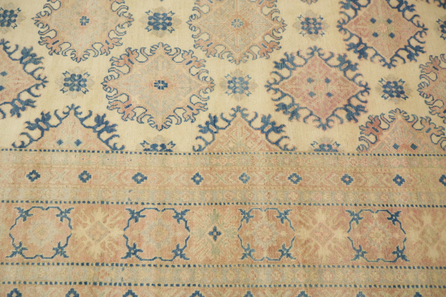 Classic Beige and Blue Kazak Rug with Intricate Geometric Patterns 9'x12'