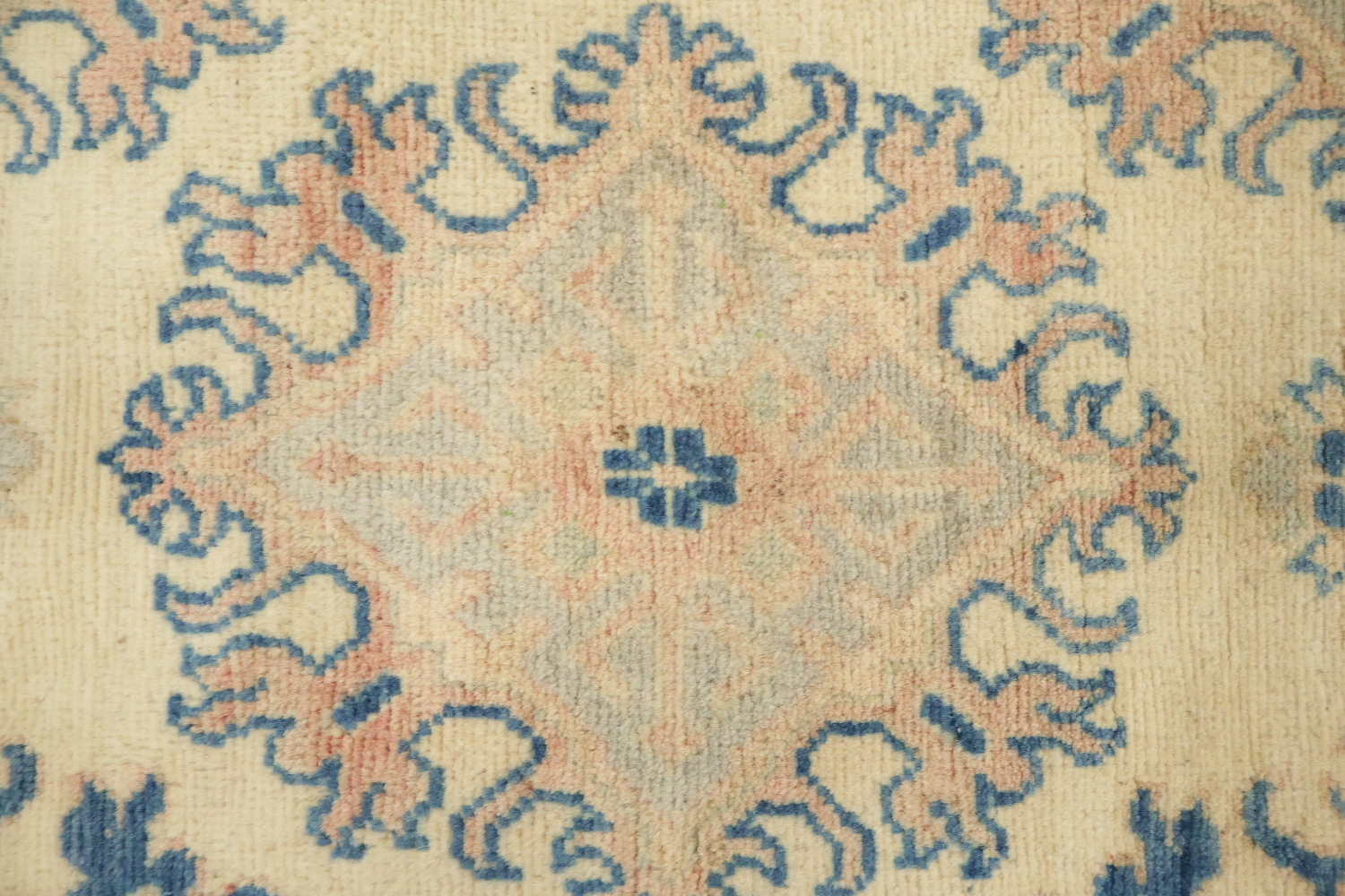 Classic Beige and Blue Kazak Rug with Intricate Geometric Patterns 9'x12'
