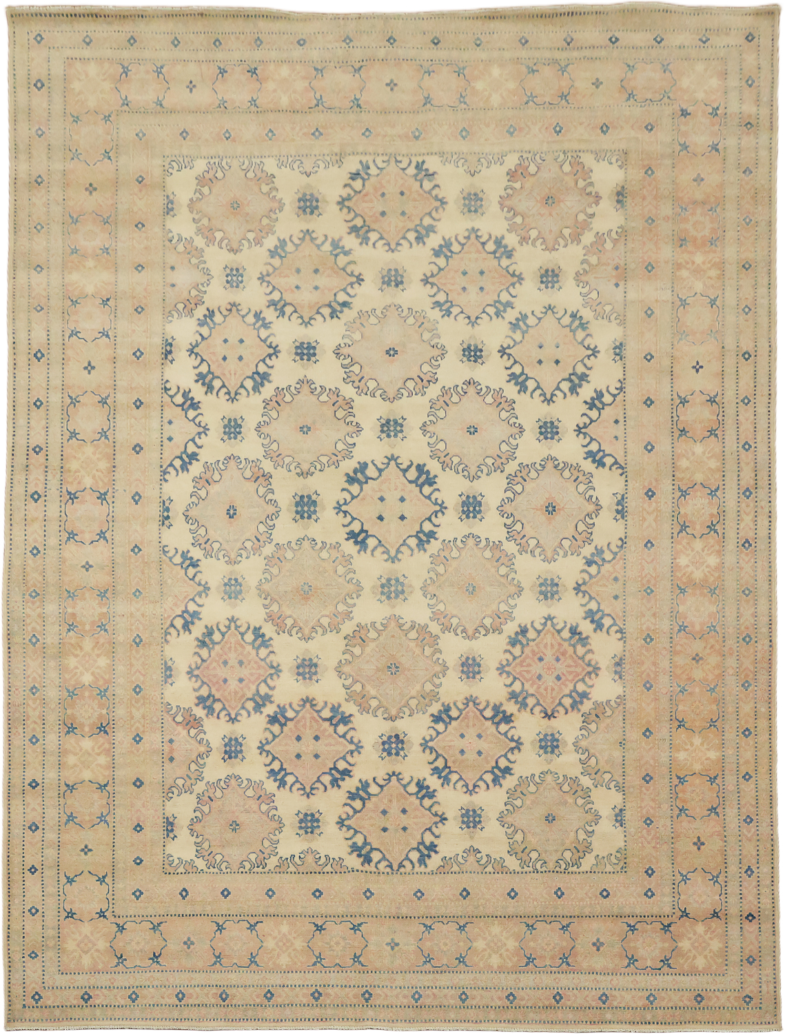 Classic Beige and Blue Kazak Rug with Intricate Geometric Patterns 9'x12'