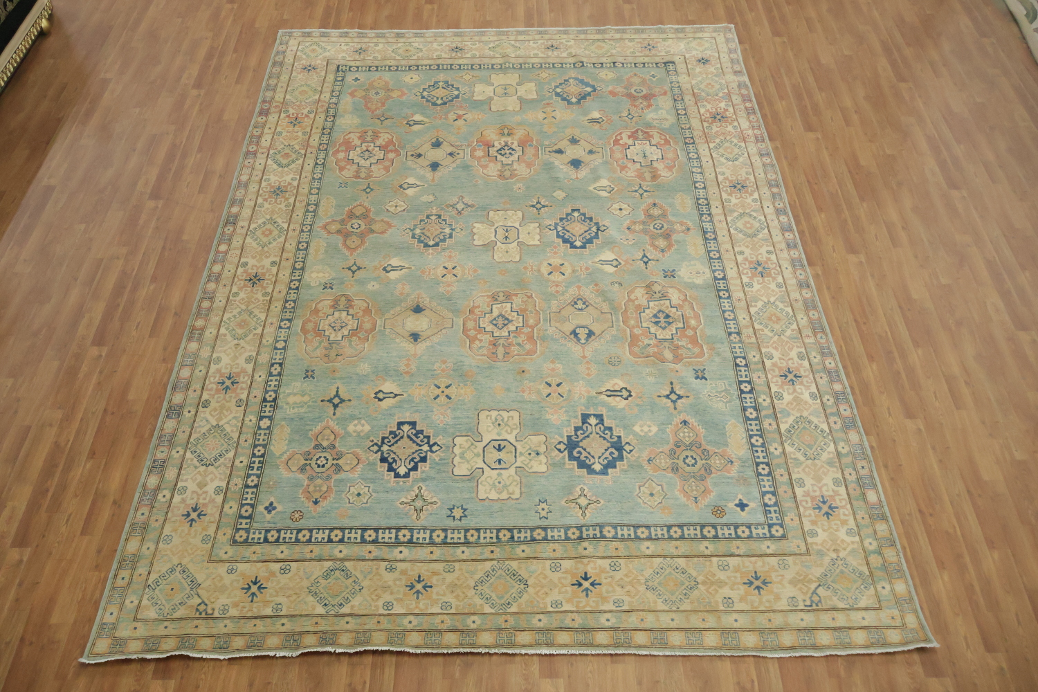 Exquisite Hand-Knotted Rug Kazak Featuring Soft Blue Tones and Patterns 10'x13'