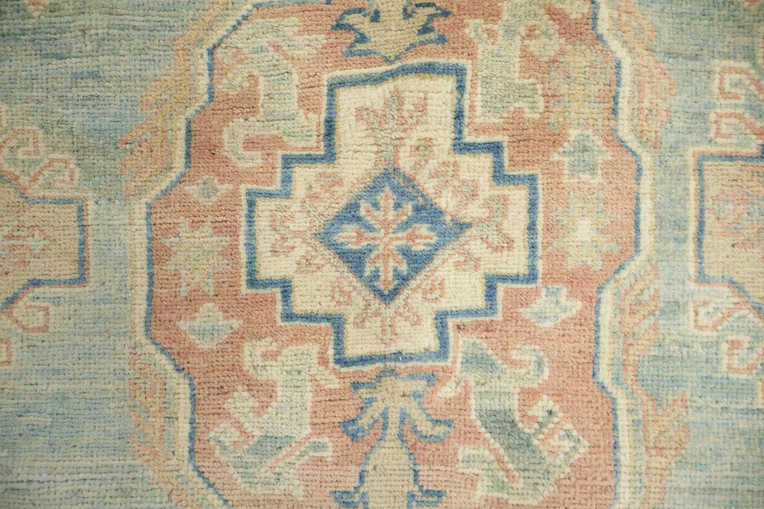 Exquisite Hand-Knotted Rug Kazak Featuring Soft Blue Tones and Patterns 10'x13'