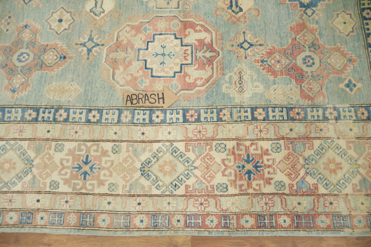 Exquisite Hand-Knotted Rug Kazak Featuring Soft Blue Tones and Patterns 10'x13'