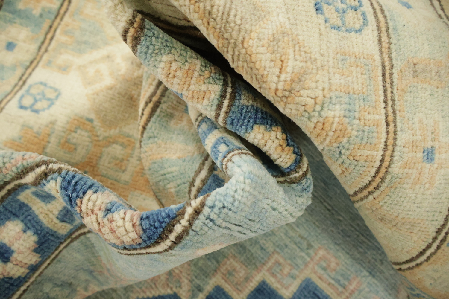 Exquisite Hand-Knotted Rug Kazak Featuring Soft Blue Tones and Patterns 10'x13'