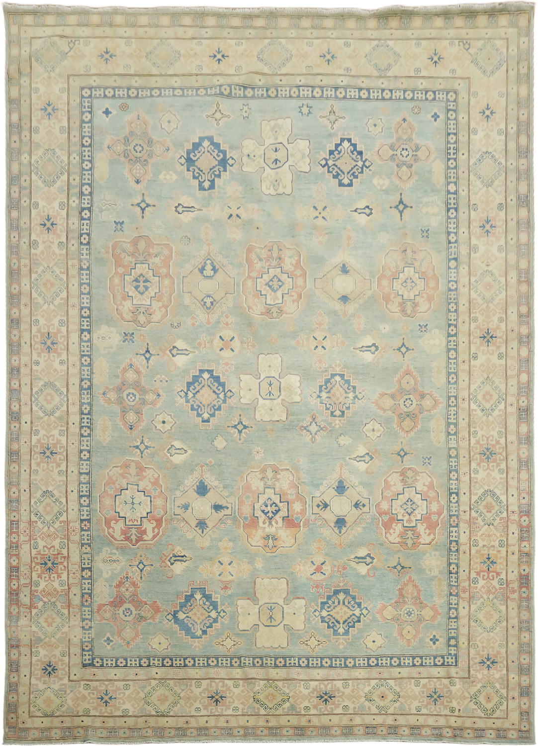 Exquisite Hand-Knotted Rug Kazak Featuring Soft Blue Tones and Patterns 10'x13'