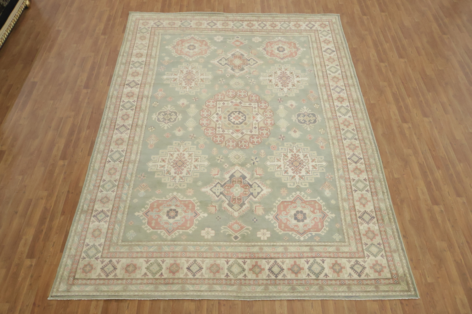 South-Western Style Muted Green Kazak Geometric Hand-made Rug 9'x13'