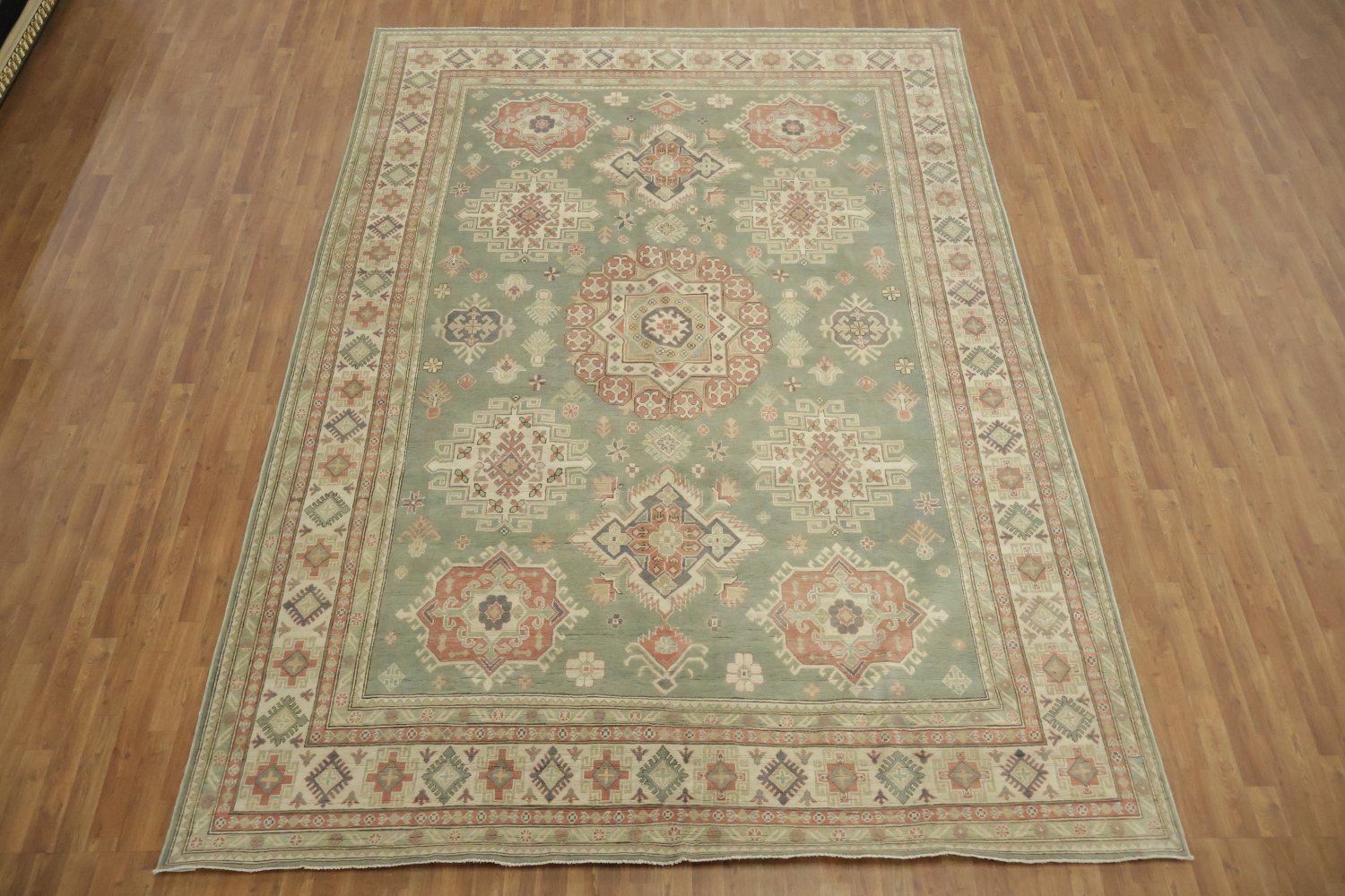 South-Western Style Muted Green Kazak Geometric Hand-made Rug 9'x13'