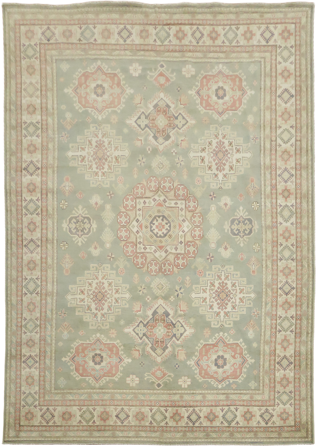 South-Western Style Muted Green Kazak Geometric Hand-made Rug 9'x13'
