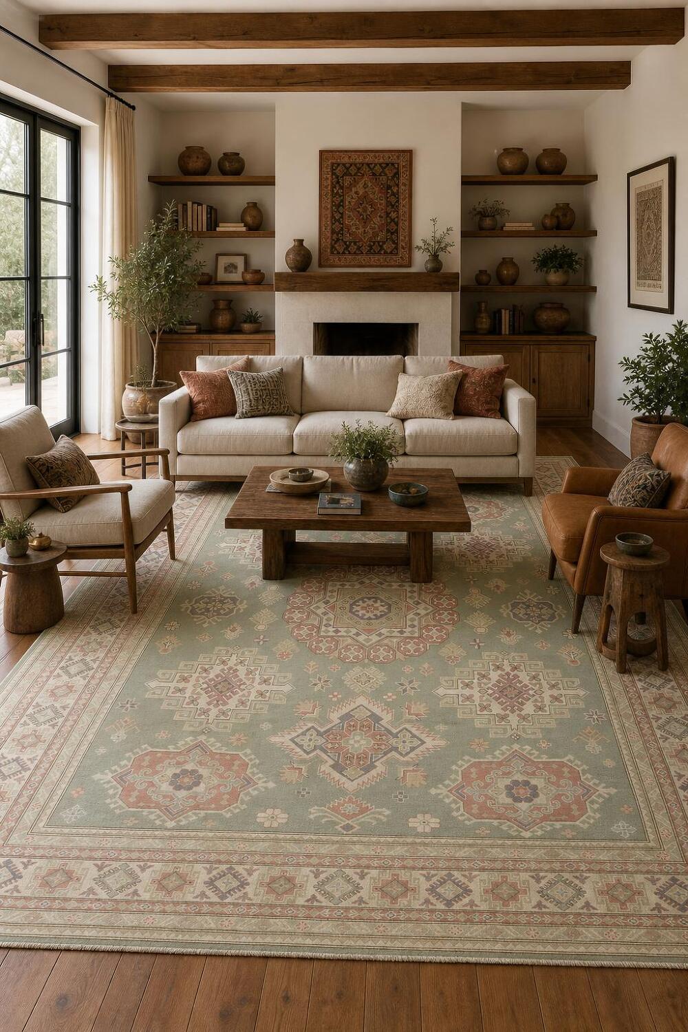 South-Western Style Muted Green Kazak Geometric Hand-made Rug 9'x13'
