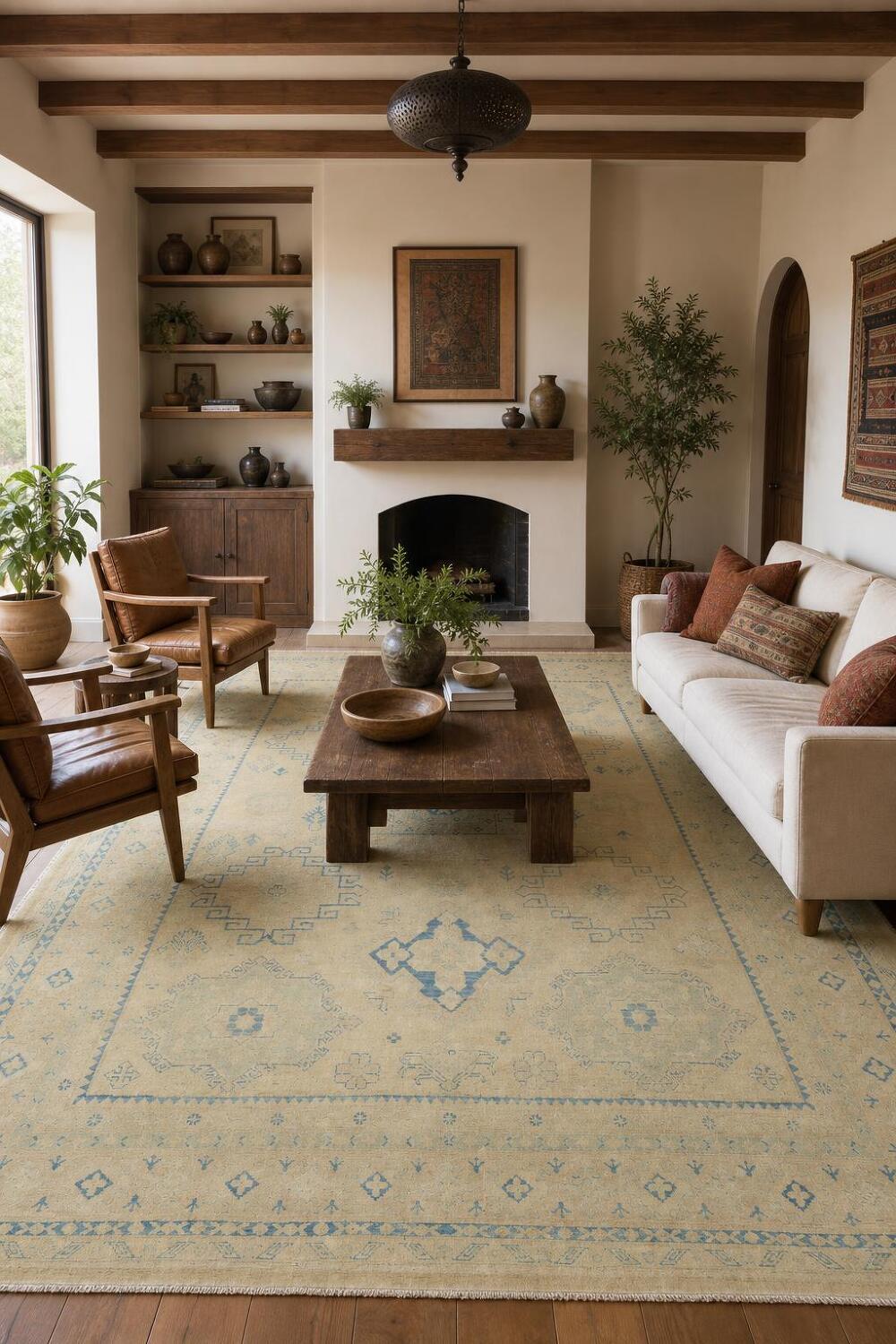 Vintage-Inspired Beige Rug with Blue Patterns for a Classic Room Décor 9'x12'