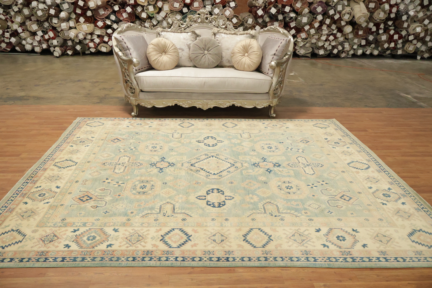 Classic Turkish-Inspired Light Blue Kazak Rug with Muted Earthy Hues 8x10