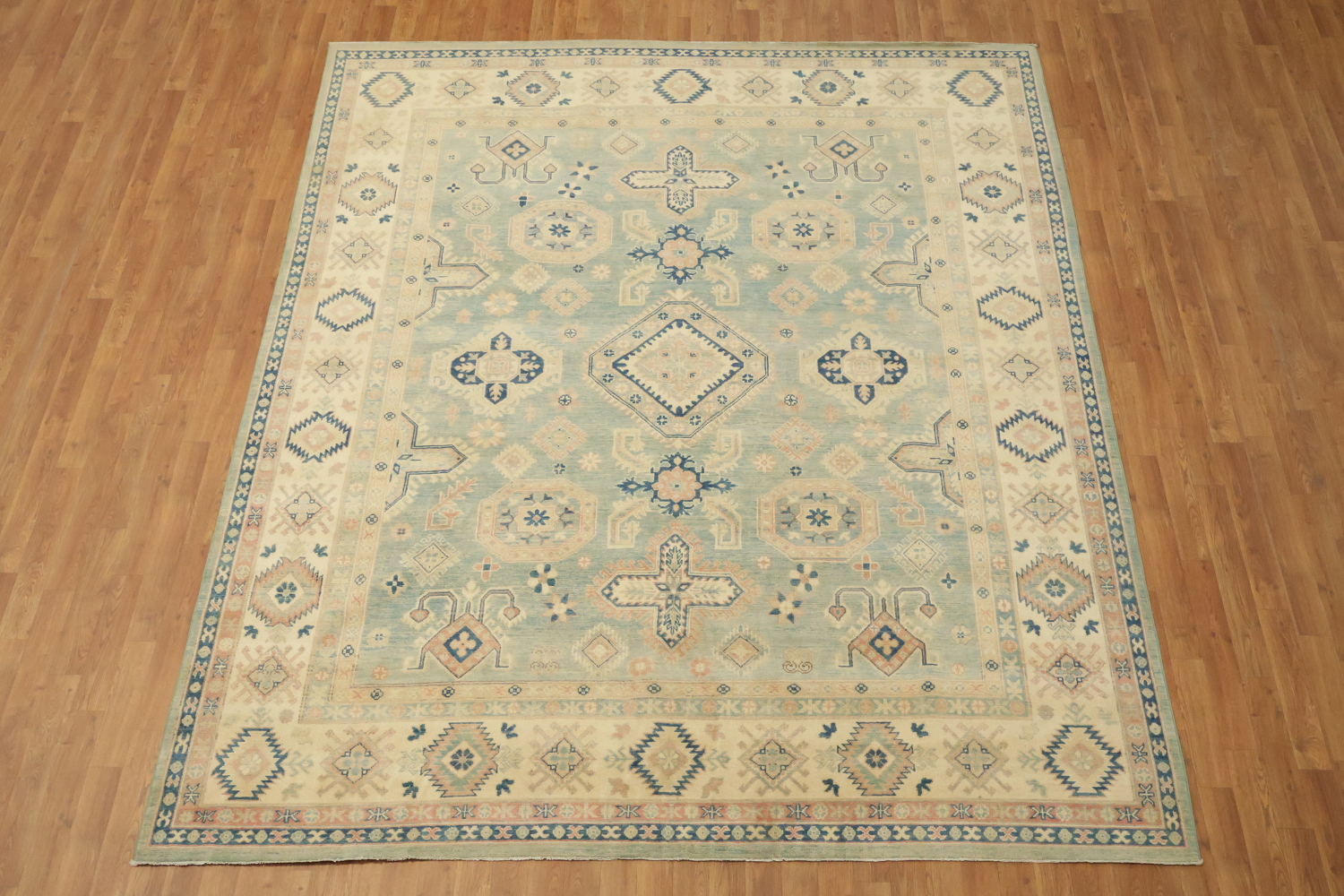 Classic Turkish-Inspired Light Blue Kazak Rug with Muted Earthy Hues 8x10