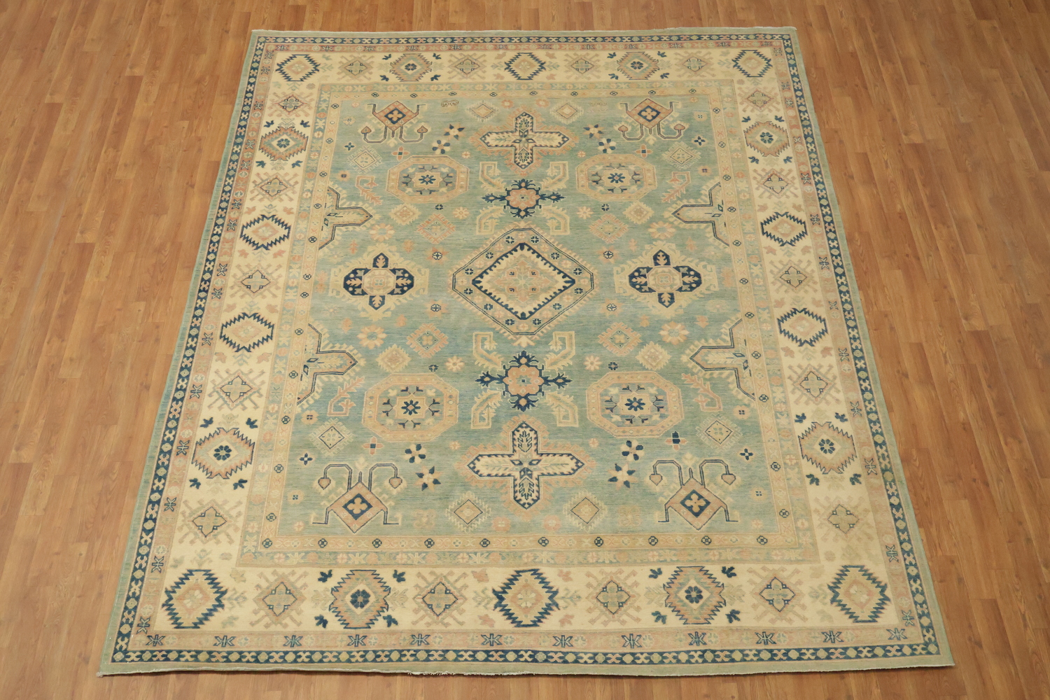Classic Turkish-Inspired Light Blue Kazak Rug with Muted Earthy Hues 8x10