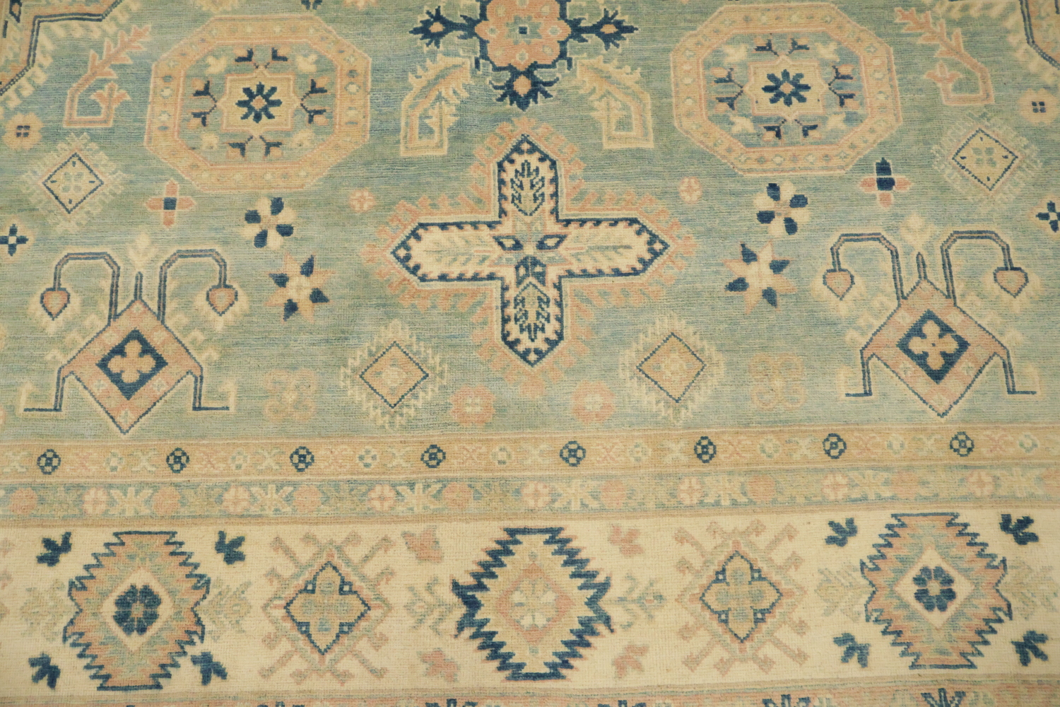 Classic Turkish-Inspired Light Blue Kazak Rug with Muted Earthy Hues 8x10