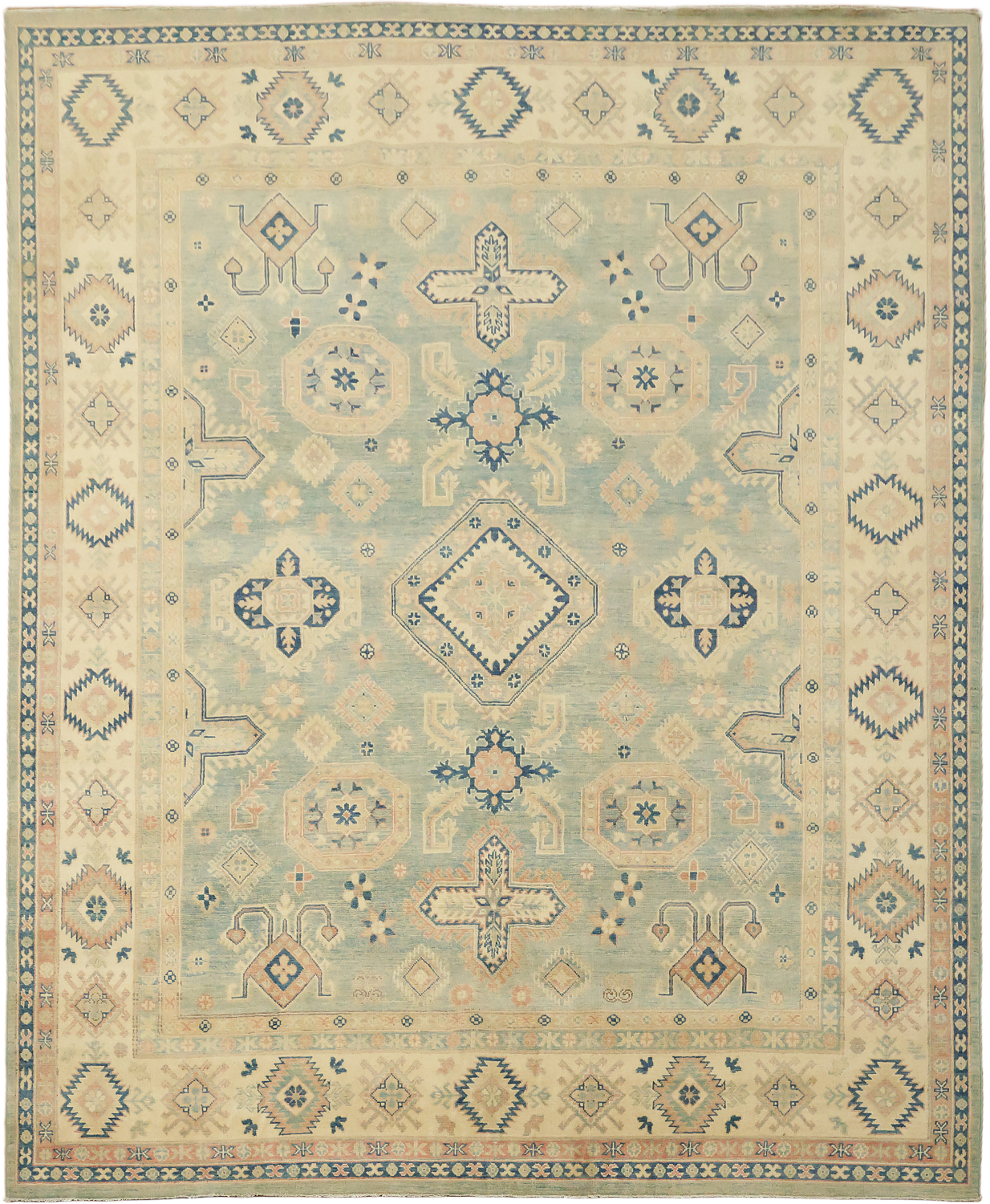 Classic Turkish-Inspired Light Blue Kazak Rug with Muted Earthy Hues 8x10