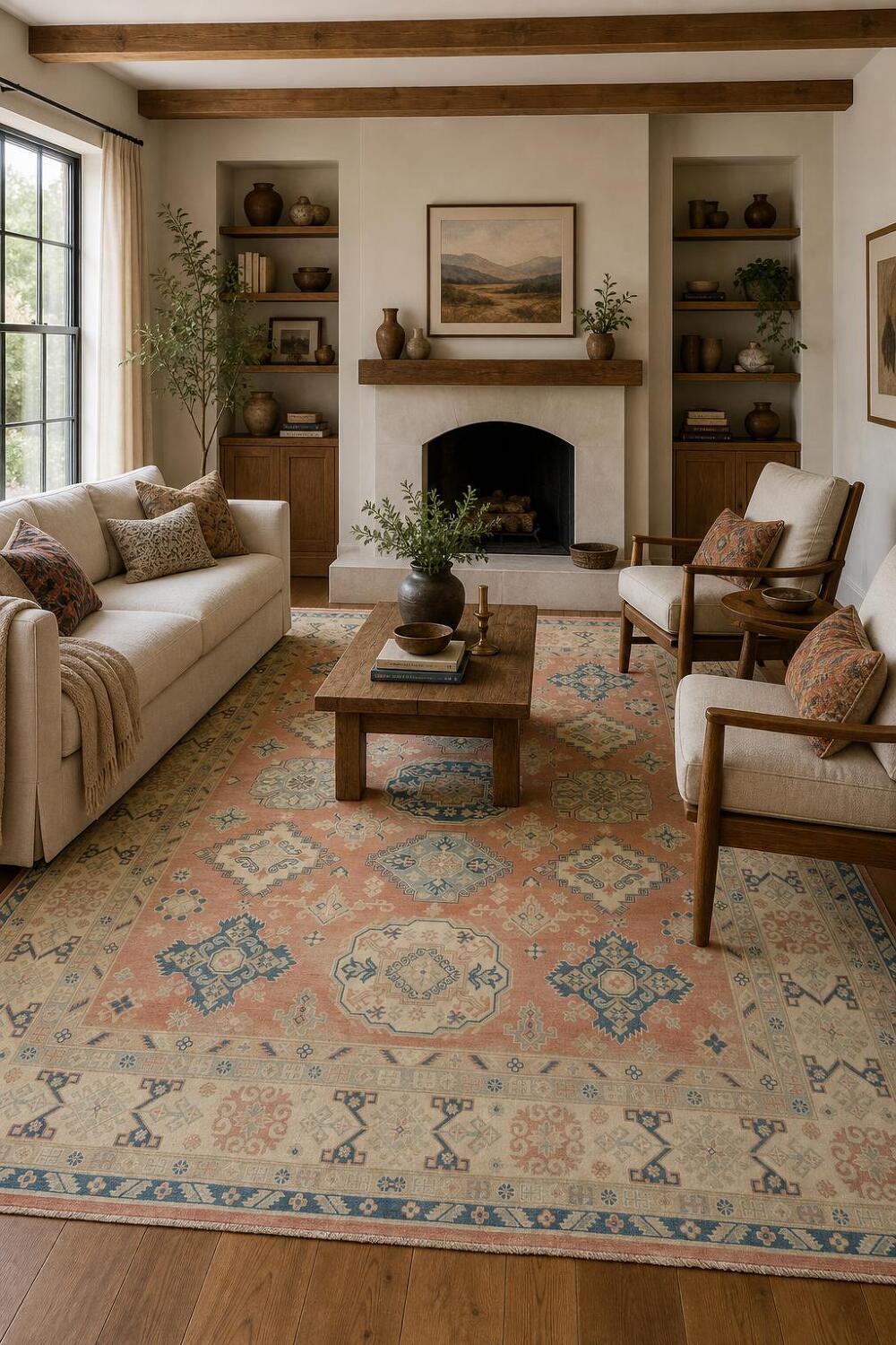 Classic Coral-Salmon Kazak Pastel-Rich Rug 8x10