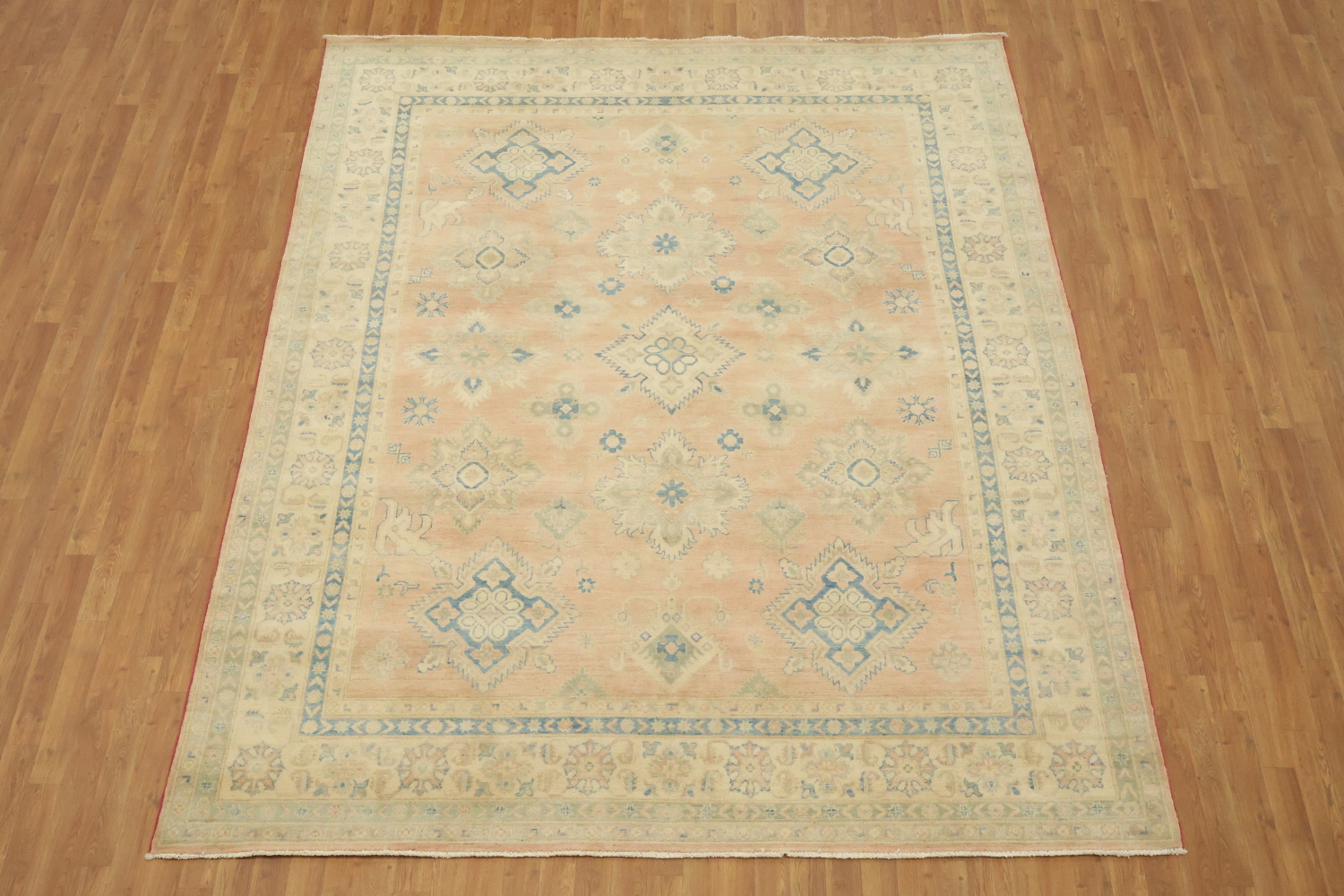 Muted Coral Salmon Kazak Traditional Rug with Subtle Hues and Intricate Designs 8'x10'