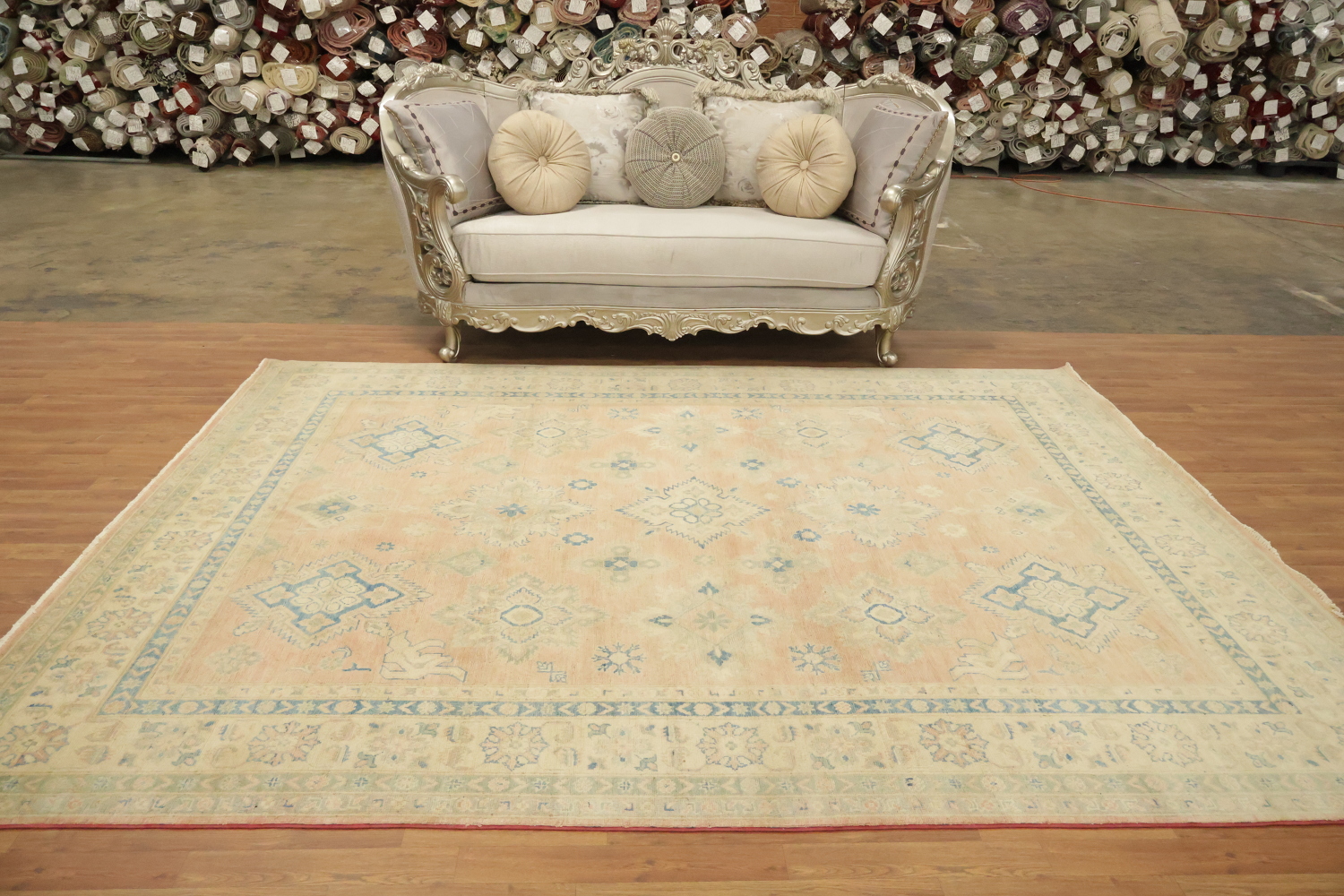 Muted Coral Salmon Kazak Traditional Rug with Subtle Hues and Intricate Designs 8'x10'