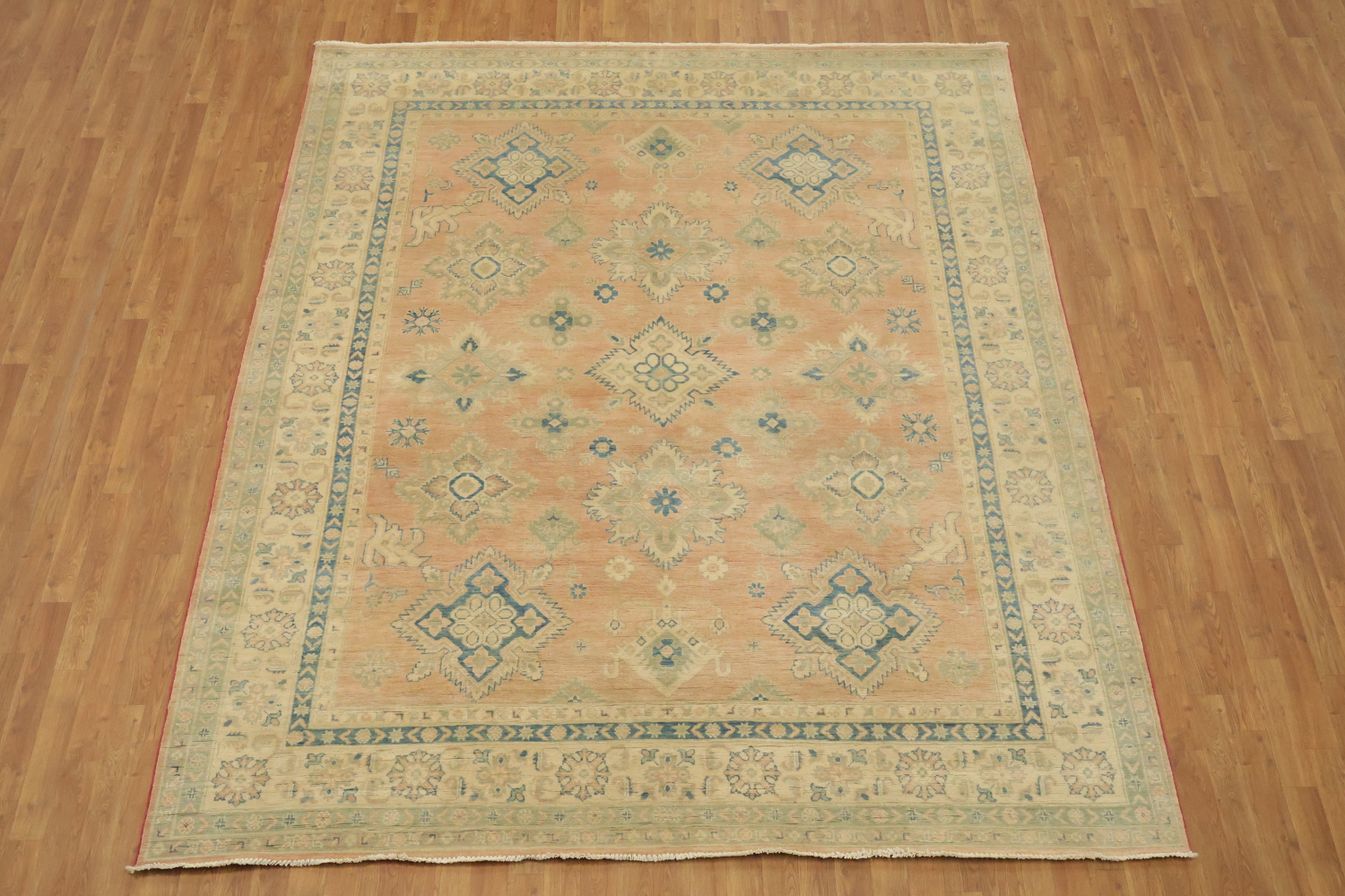 Muted Coral Salmon Kazak Traditional Rug with Subtle Hues and Intricate Designs 8'x10'