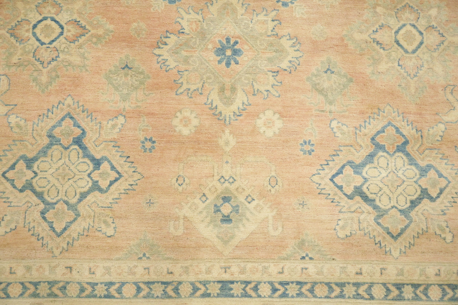 Muted Coral Salmon Kazak Traditional Rug with Subtle Hues and Intricate Designs 8'x10'