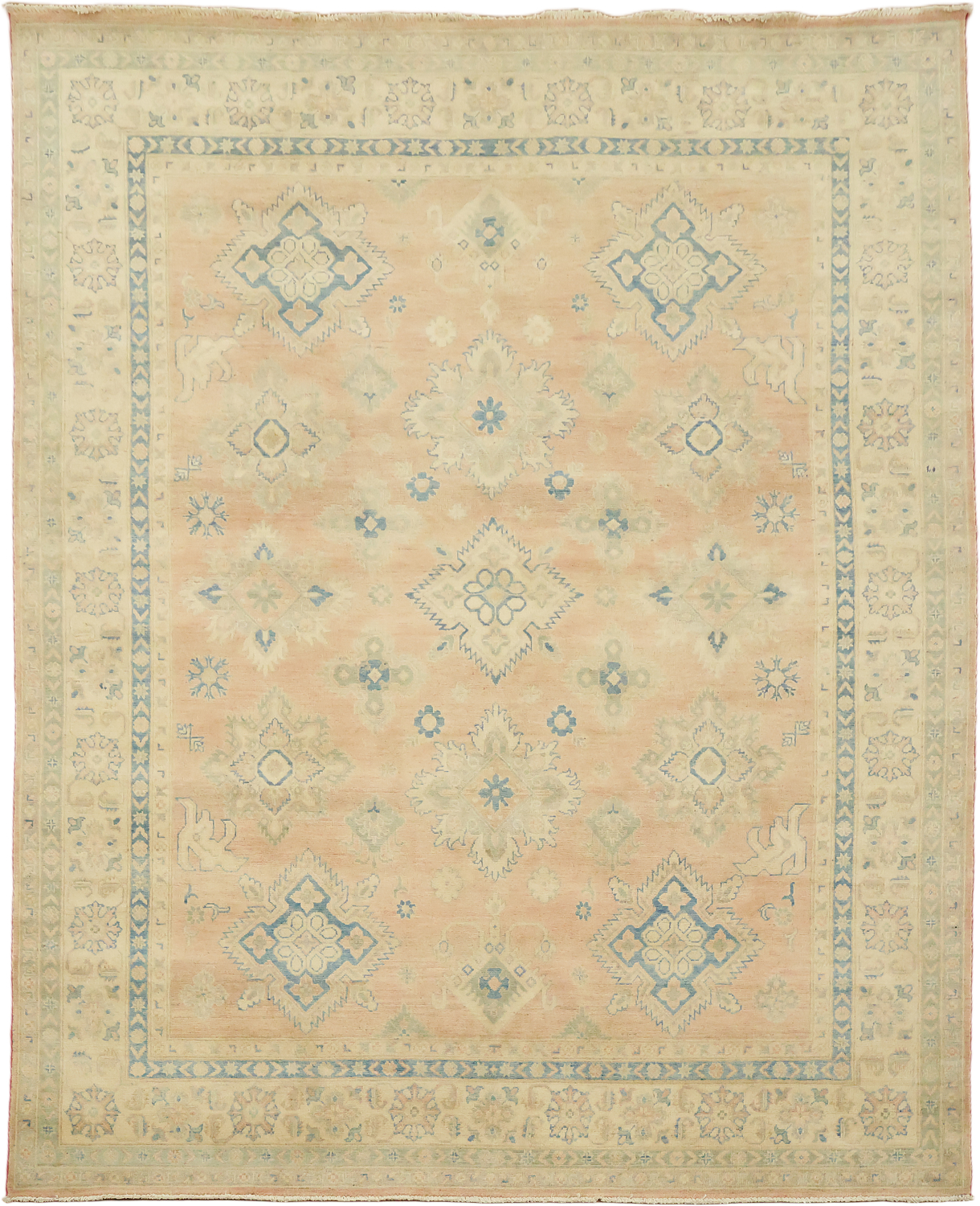 Muted Coral Salmon Kazak Traditional Rug with Subtle Hues and Intricate Designs 8'x10'