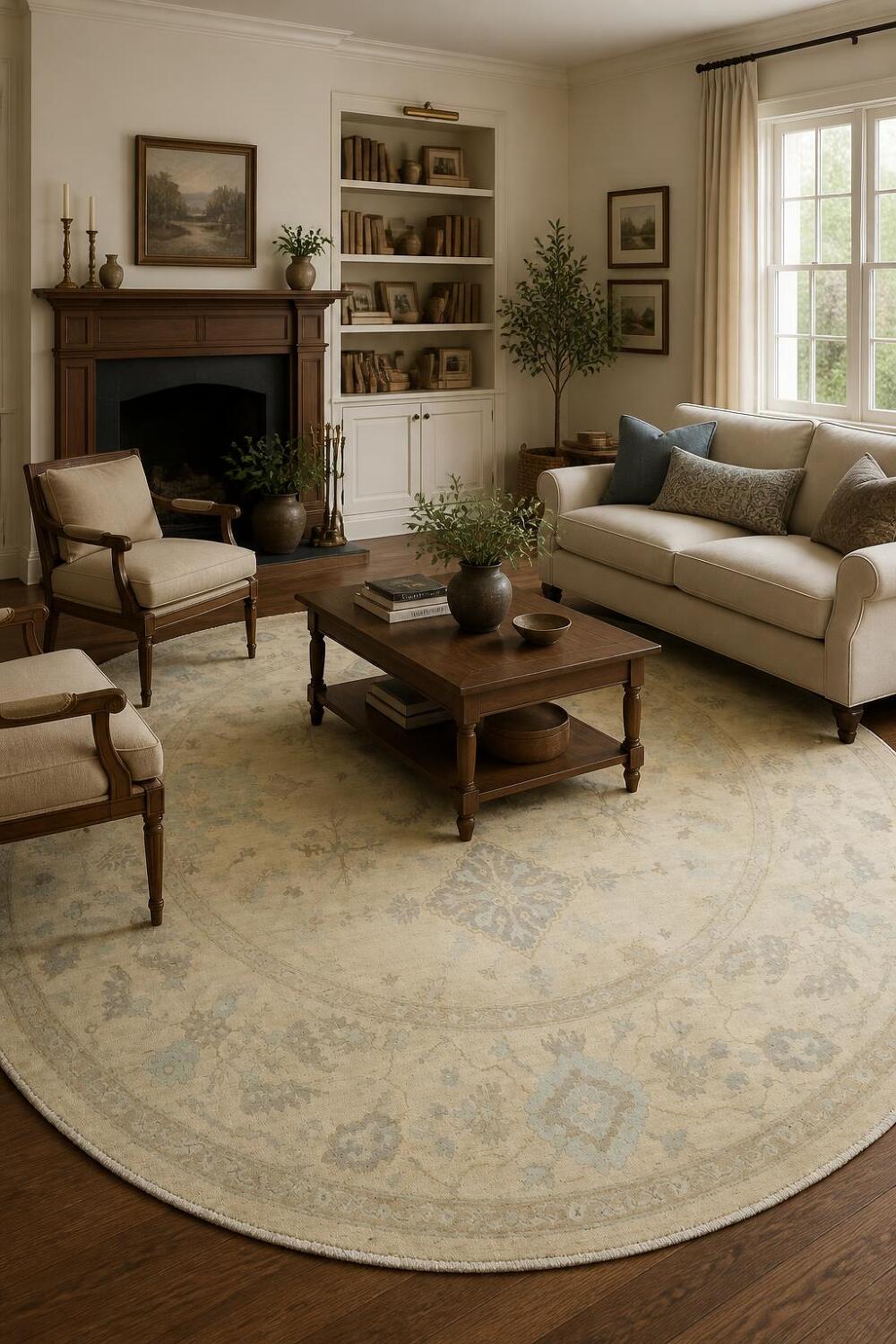 Round Geometric Wool Traditional Oushak Area Rug 7x9