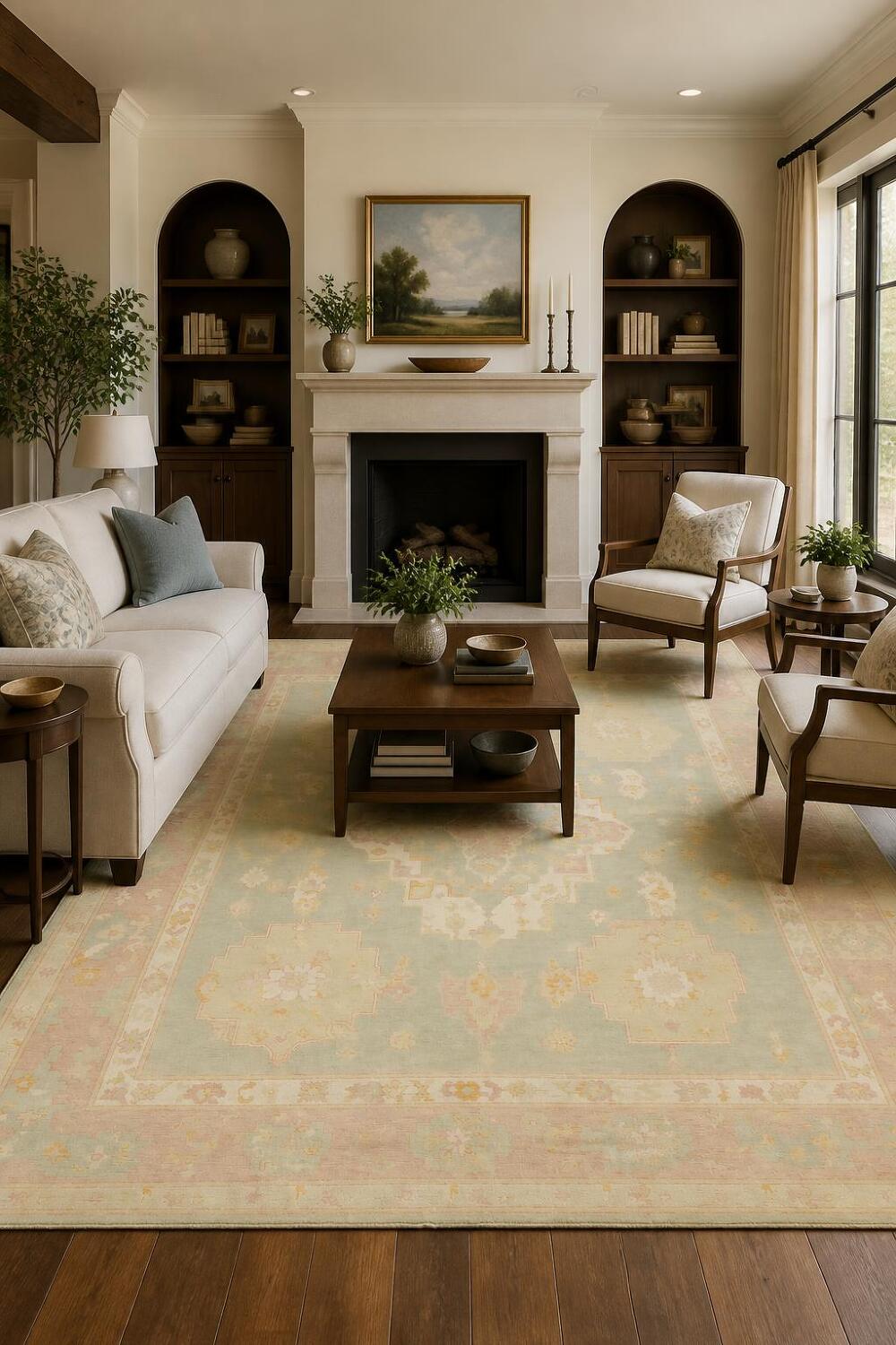 Green Muted Floral Wool Traditional Oushak Area Rug 8x10