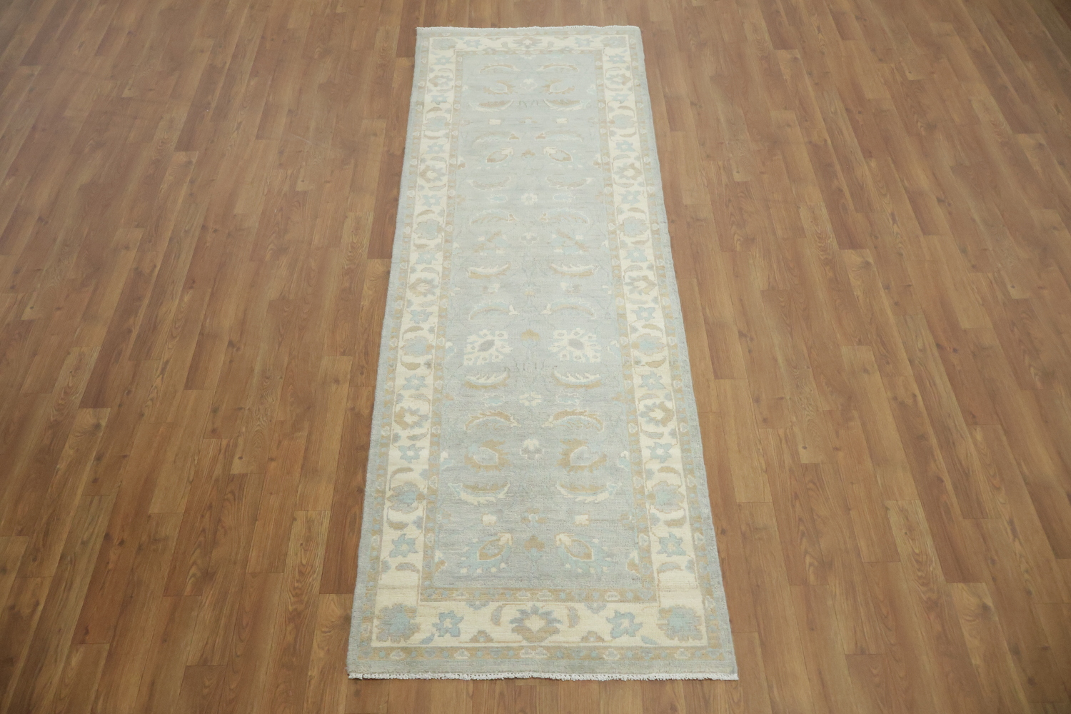 Blue Floral Wool Traditional Turkish Oushak Runner Rug 3x8