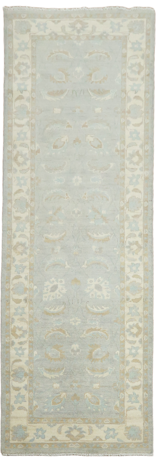 Blue Floral Wool Traditional Turkish Oushak Runner Rug 3x8