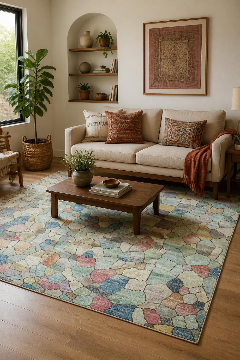 Artistic Pebble Design Gabbeh Area Rug with Pastel Shades 6'x8'