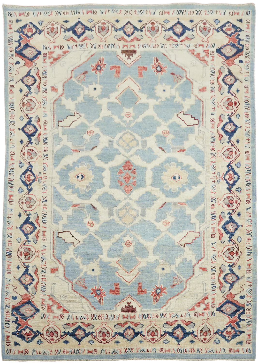 Unique Muted Geometric Blue Turkish Traditional Oushak Oriental Wool Rug 5x7