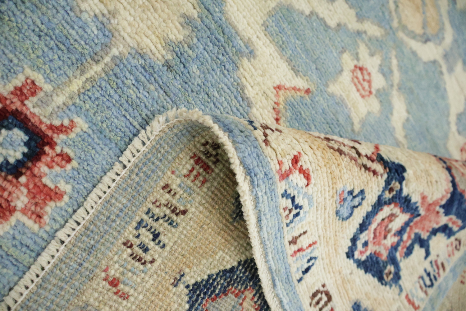 Unique Muted Geometric Blue Turkish Traditional Oushak Oriental Wool Rug 5x7