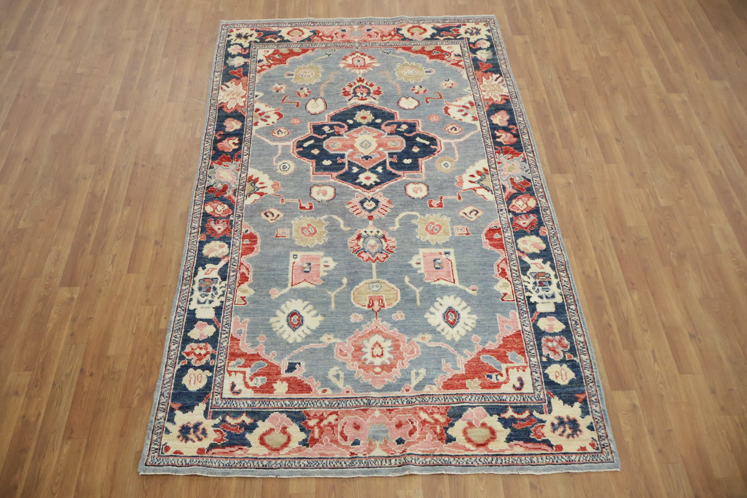 Geometric Grey Oriental Traditional Oushak Turkish Wool Area Rug 5x8
